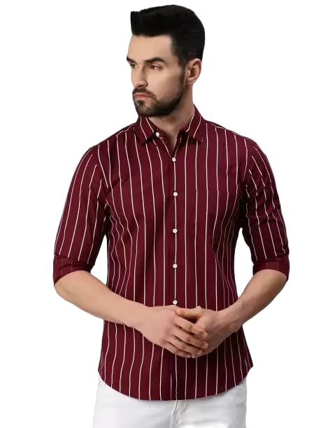 Men’s Maroon Slim Fit Striped Cotton Shirt – Casual & Formal Wear