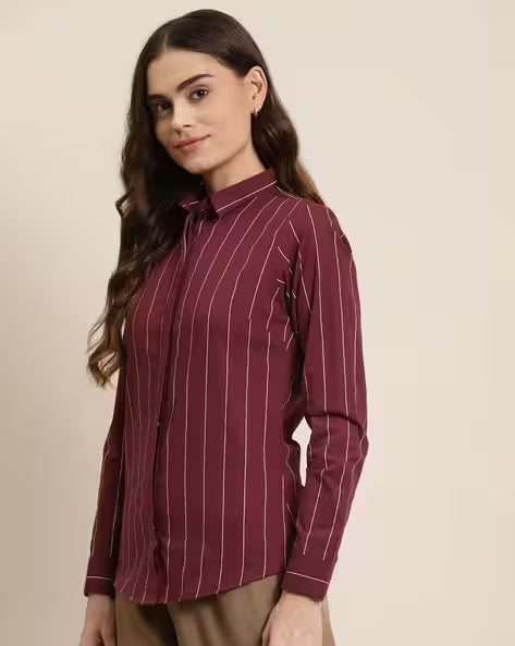 Women's Maroon Pinstripe Formal Shirt – Full Sleeve, Slim Fit