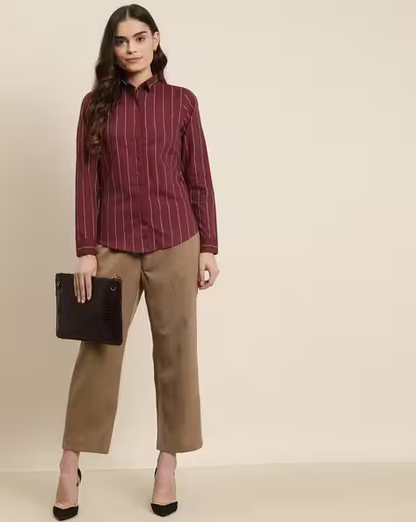 Women's Maroon Pinstripe Formal Shirt – Full Sleeve, Slim Fit