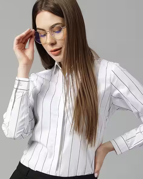 White Pinstripe Slim Fit Cotton Shirt for Women – Elegant Formal & Office Wear
