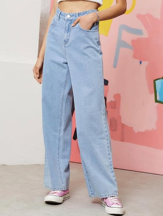 High-Waisted Light Blue Wide Leg Jeans for Women – Relaxed Fit Denim