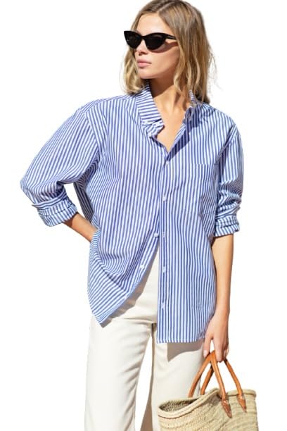 Women's Blue & White Vertical Striped Cotton Shirt – Oversized Long Sleeve Button-Down