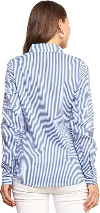 Women's Blue & White Vertical Striped Cotton Shirt – Oversized Long Sleeve Button-Down
