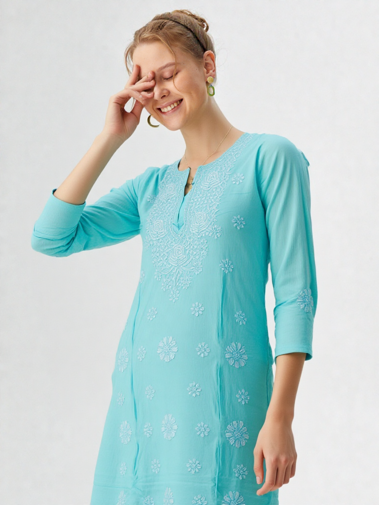 Elegant Sky Blue Cotton Embroidered Kurta for Women – Festive & Ethnic Wear