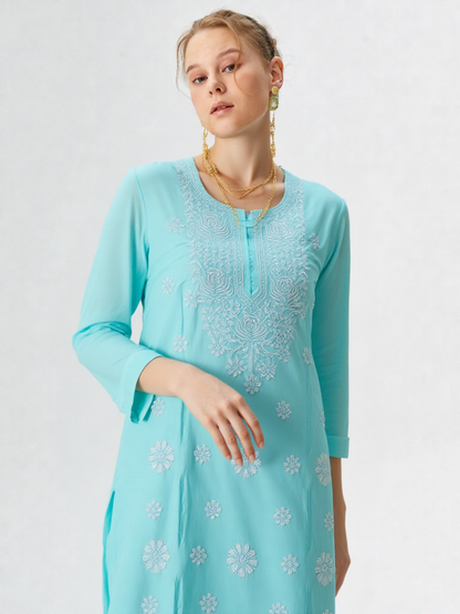 Elegant Sky Blue Cotton Embroidered Kurta for Women – Festive & Ethnic Wear