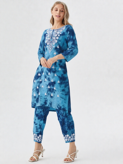 Women’s Blue Tie-Dye Cotton Kurta Set with White Embroidery – Stylish Ethnic Wear