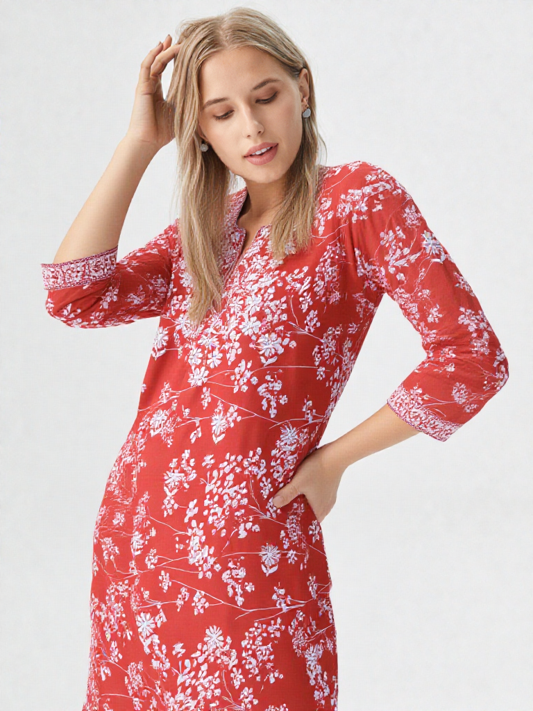 Women's Red Floral Printed Cotton Kurti – Elegant Everyday Wear