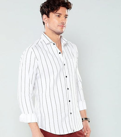 Men's White Slim Fit Vertical Striped Casual Shirt – Full Sleeves | Classic Button-Down