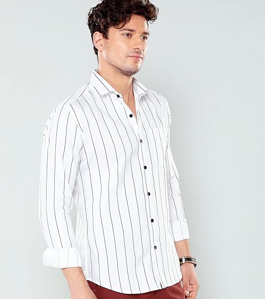 Men's White Slim Fit Vertical Striped Casual Shirt – Full Sleeves | Classic Button-Down