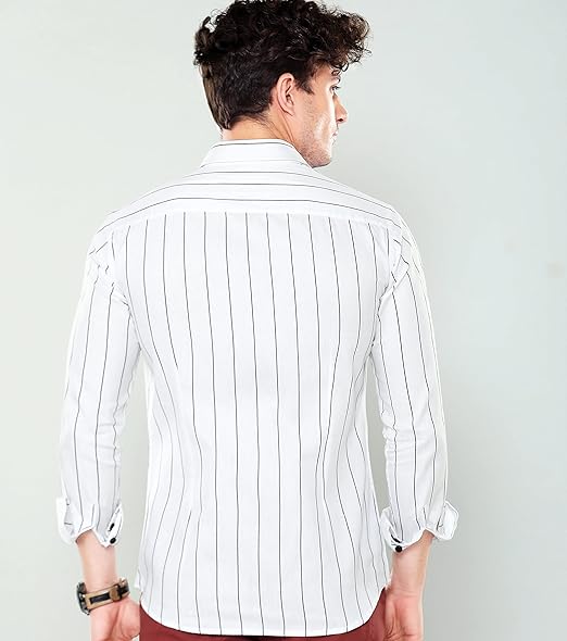 Men's White Slim Fit Vertical Striped Casual Shirt – Full Sleeves | Classic Button-Down