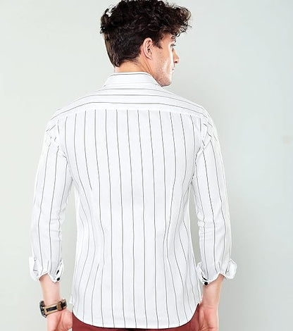 Men's White Slim Fit Vertical Striped Casual Shirt – Full Sleeves | Classic Button-Down