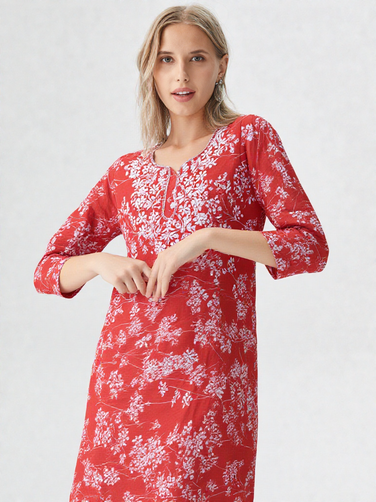 Women's Red Floral Printed Cotton Kurti – Elegant Everyday Wear
