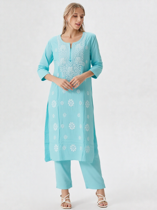 Elegant Sky Blue Cotton Embroidered Kurta for Women – Festive & Ethnic Wear