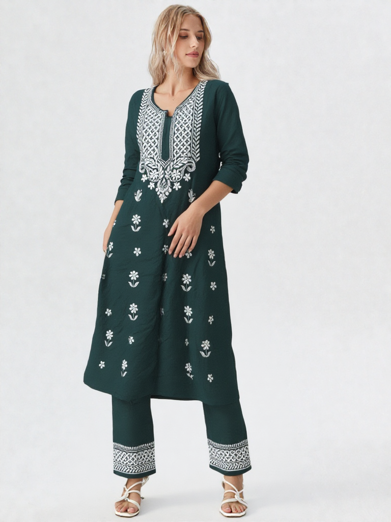 Elegant Dark Green Embroidered Cotton Kurta Set with Pants – Ethnic Wear for Women