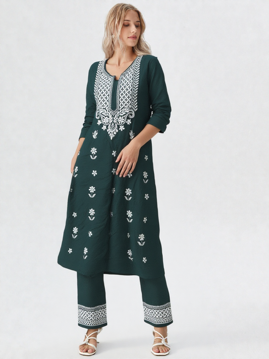 Elegant Dark Green Embroidered Cotton Kurta Set with Pants – Ethnic Wear for Women