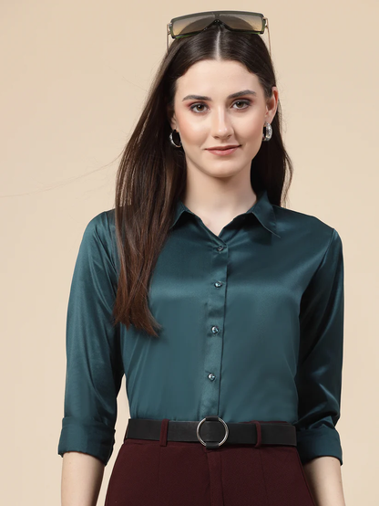 Women Teal Satin Regular Formal Shirt