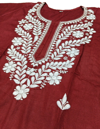 Maroon Cotton Short Chikan Kurti with White Floral Embroidery – Elegant Ethnic Wear for Women