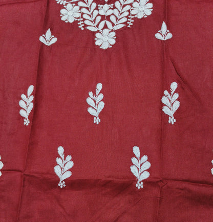 Maroon Cotton Short Chikan Kurti with White Floral Embroidery – Elegant Ethnic Wear for Women