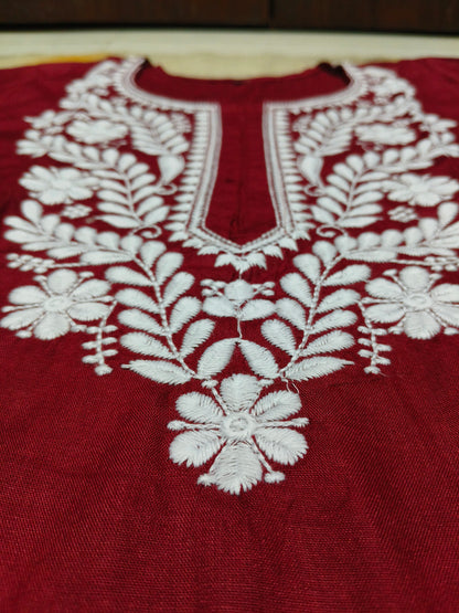 Maroon Cotton Short Chikan Kurti with White Floral Embroidery – Elegant Ethnic Wear for Women
