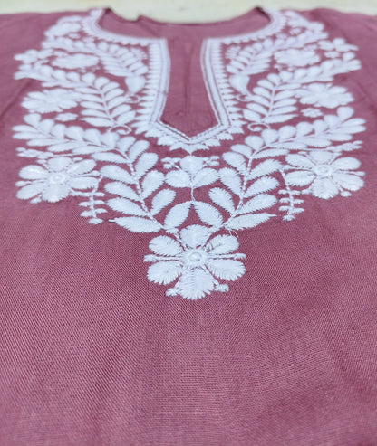 Mauve Cotton Short Chikan Kurti with White Floral Embroidery – Casual Ethnic Wear for Women