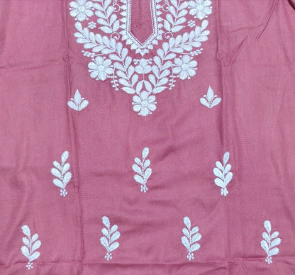 Mauve Cotton Short Chikan Kurti with White Floral Embroidery – Casual Ethnic Wear for Women