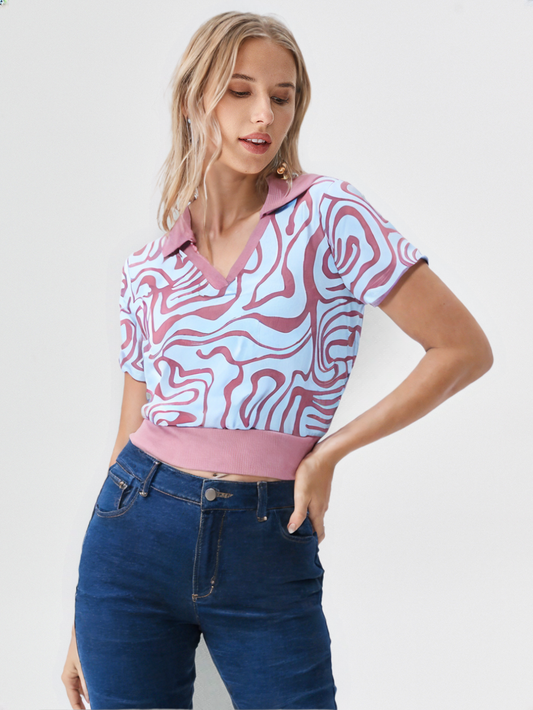 Pink & White Abstract Print Ribbed Crop Polo Top for Women