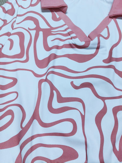 Pink & White Abstract Print Ribbed Crop Polo Top for Women