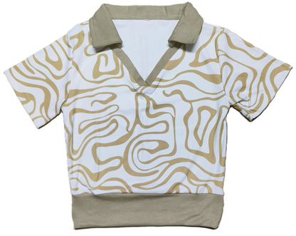 Olive Green Abstract Printed Collared Crop Top for Women – V-Neck Half Sleeve Stylish Fit