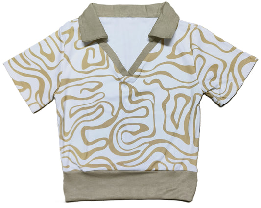 Olive Green Abstract Printed Collared Crop Top for Women – V-Neck Half Sleeve Stylish Fit