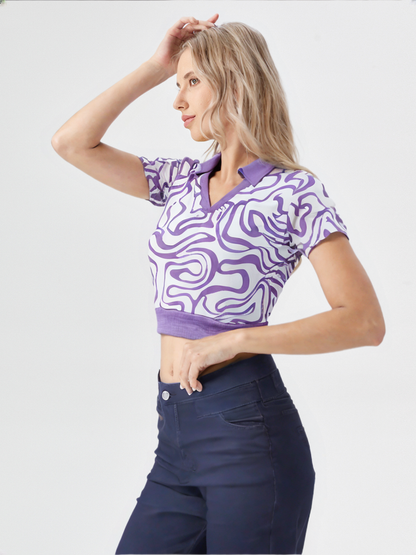 Purple Abstract Printed Ribbed Crop Top with Collar for Women – Stylish V-Neck Half Sleeve