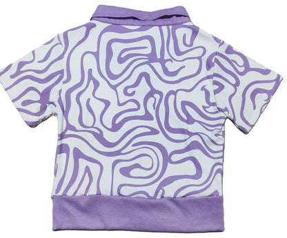 Purple Abstract Printed Ribbed Crop Top with Collar for Women – Stylish V-Neck Half Sleeve