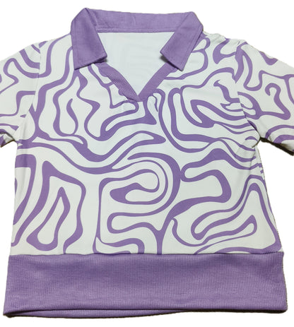 Purple Abstract Printed Ribbed Crop Top with Collar for Women – Stylish V-Neck Half Sleeve