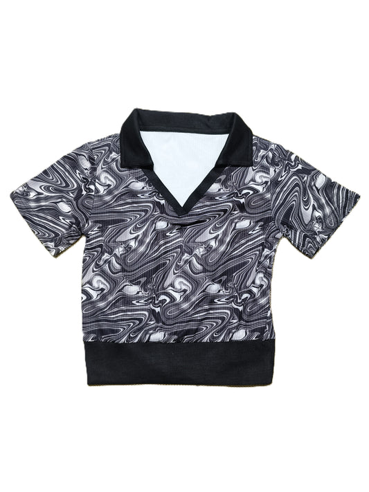 Black & White Marble Print Crop Top with Collar for women - Stylish V-Neck Half Sleeve T-Shirt