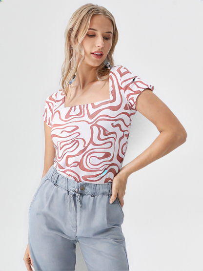 Abstract Pink Maze Print Women's Fitted Top – Square Neck | Casual Chic Style