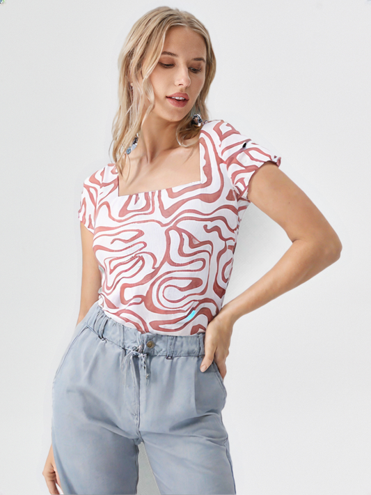 Abstract Pink Maze Print Women's Fitted Top – Square Neck | Casual Chic Style