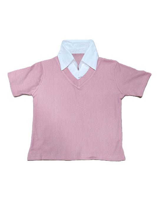 Pink Collared V-Neck Knit Top for Women’s | Preppy Layered Look Short Sleeve T-Shirt
