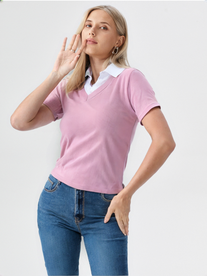 Pink Collared V-Neck Knit Top for Women’s | Preppy Layered Look Short Sleeve T-Shirt