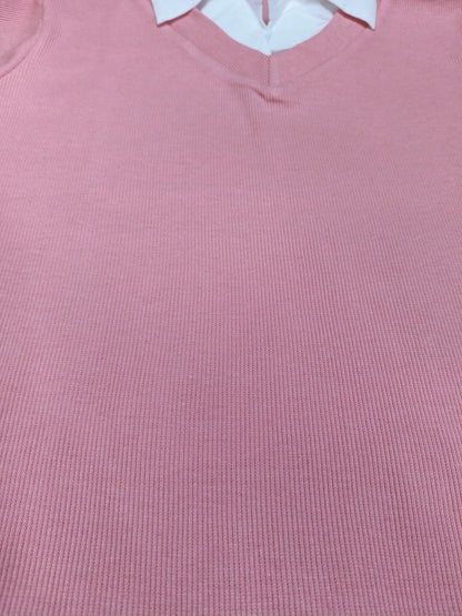 Pink Collared V-Neck Knit Top for Women’s | Preppy Layered Look Short Sleeve T-Shirt