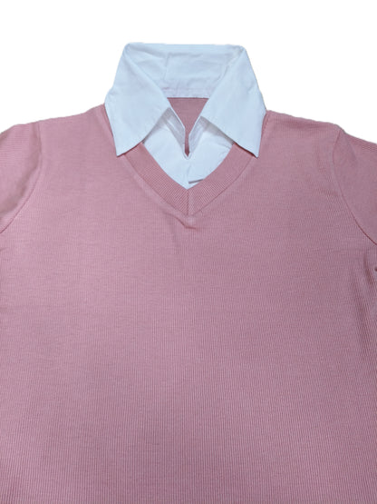 Pink Collared V-Neck Knit Top for Women’s | Preppy Layered Look Short Sleeve T-Shirt