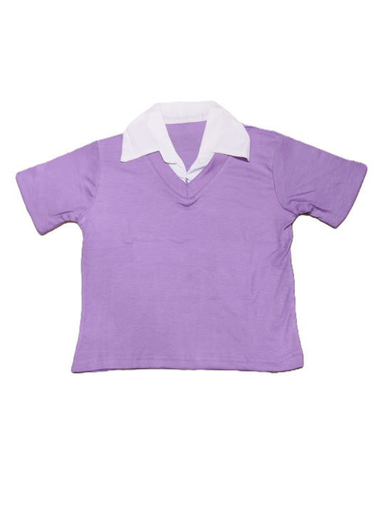 Lavender Ribbed Knit Polo Collar Top for Women – Elegant V-Neck Slim Fit