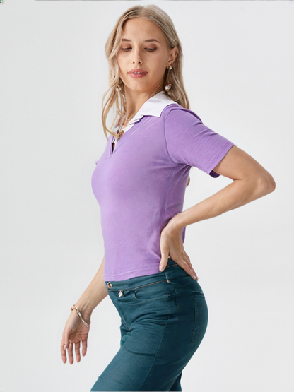 Lavender Ribbed Knit Polo Collar Top for Women – Elegant V-Neck Slim Fit
