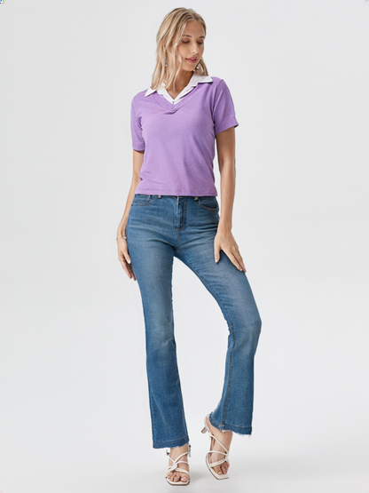 Lavender Ribbed Knit Polo Collar Top for Women – Elegant V-Neck Slim Fit