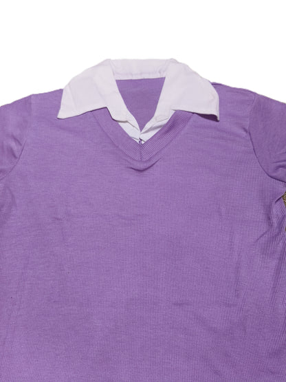Lavender Ribbed Knit Polo Collar Top for Women – Elegant V-Neck Slim Fit