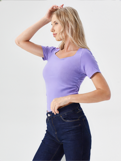 Lilac Ribbed Knit Top with Asymmetric Neck for Women’s – Soft Stretch Fitted Casual Wear