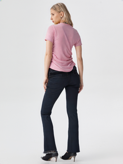 Pink Ribbed Knit Top with Unique Notch Neckline & Ruched Sides for Women's