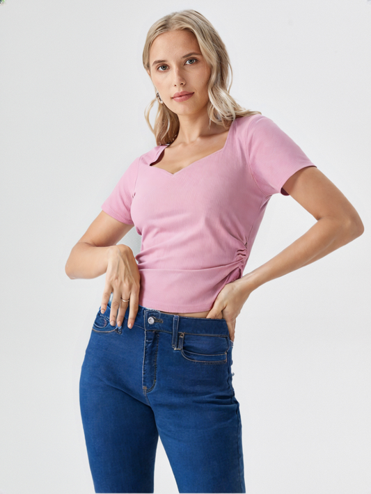 Pink Ribbed Knit Top with Unique Notch Neckline & Ruched Sides for Women's