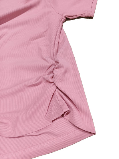 Pink Ribbed Knit Top with Unique Notch Neckline & Ruched Sides for Women's