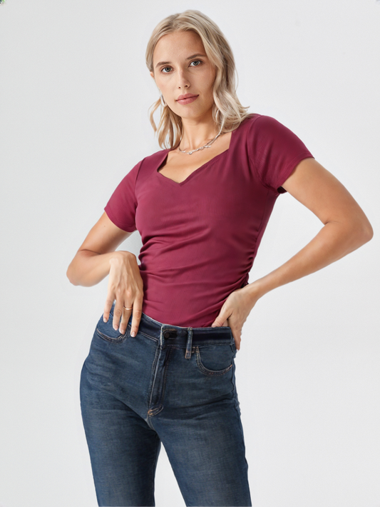 Maroon Solid Ribbed Knit Top with Stylish Square Neck for Women's