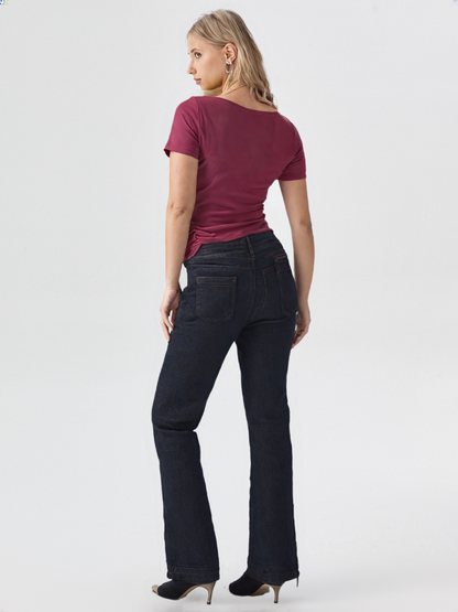 Maroon Solid Ribbed Knit Top with Stylish Square Neck for Women's