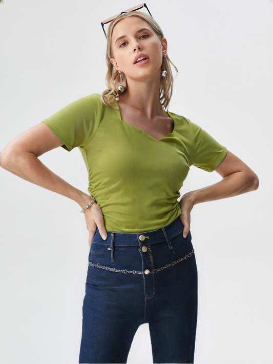 Green Sweetheart Neck Ruched Ribbed Knit Top for Women
